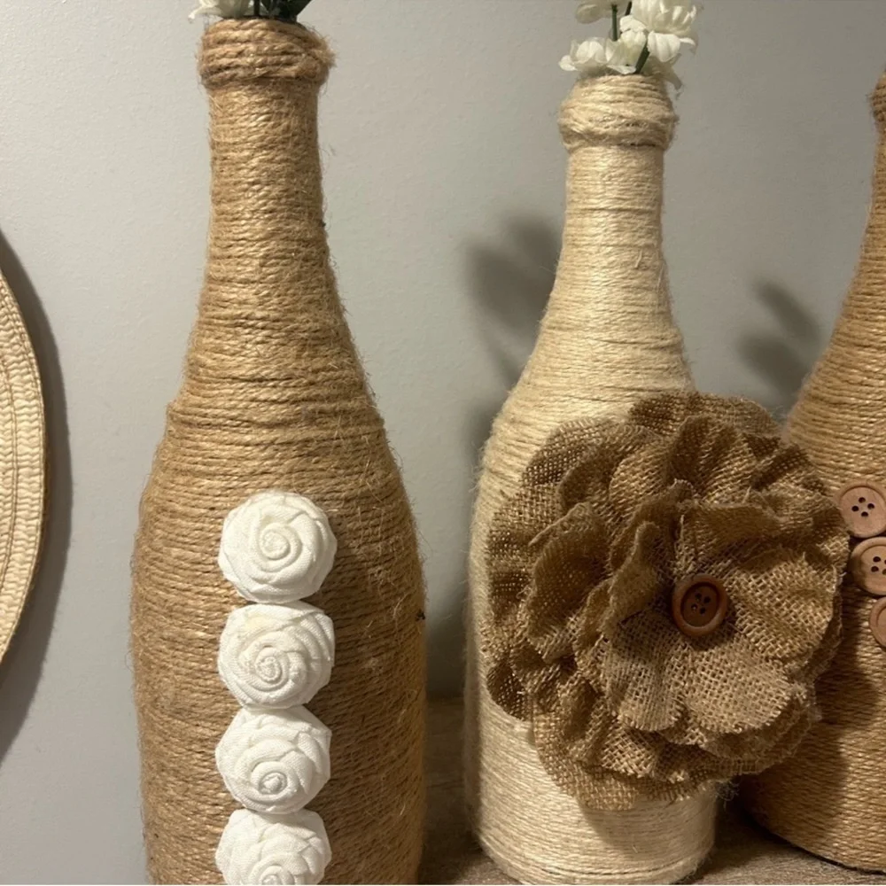 Rustic Twine Wrapped Decorative Bottles - Set of 4